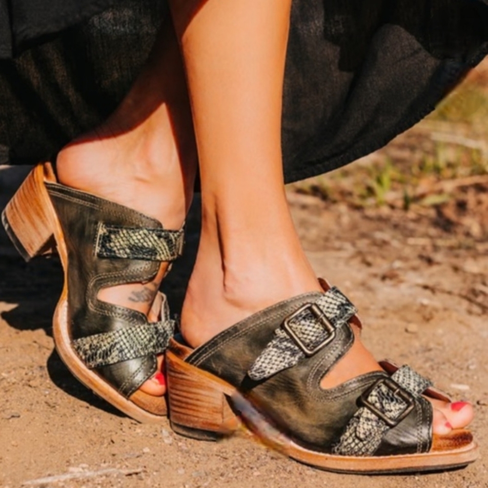 Freebird Caprice Olive Snake Snakeskin Buckle Mules Slides Sandals 7